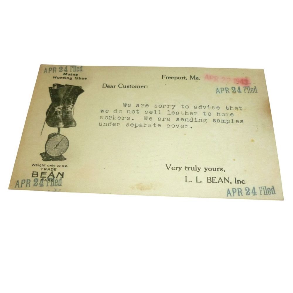 1943‎ LL Bean WWII Era Correspondence Postcard Maine Hunting Shoe